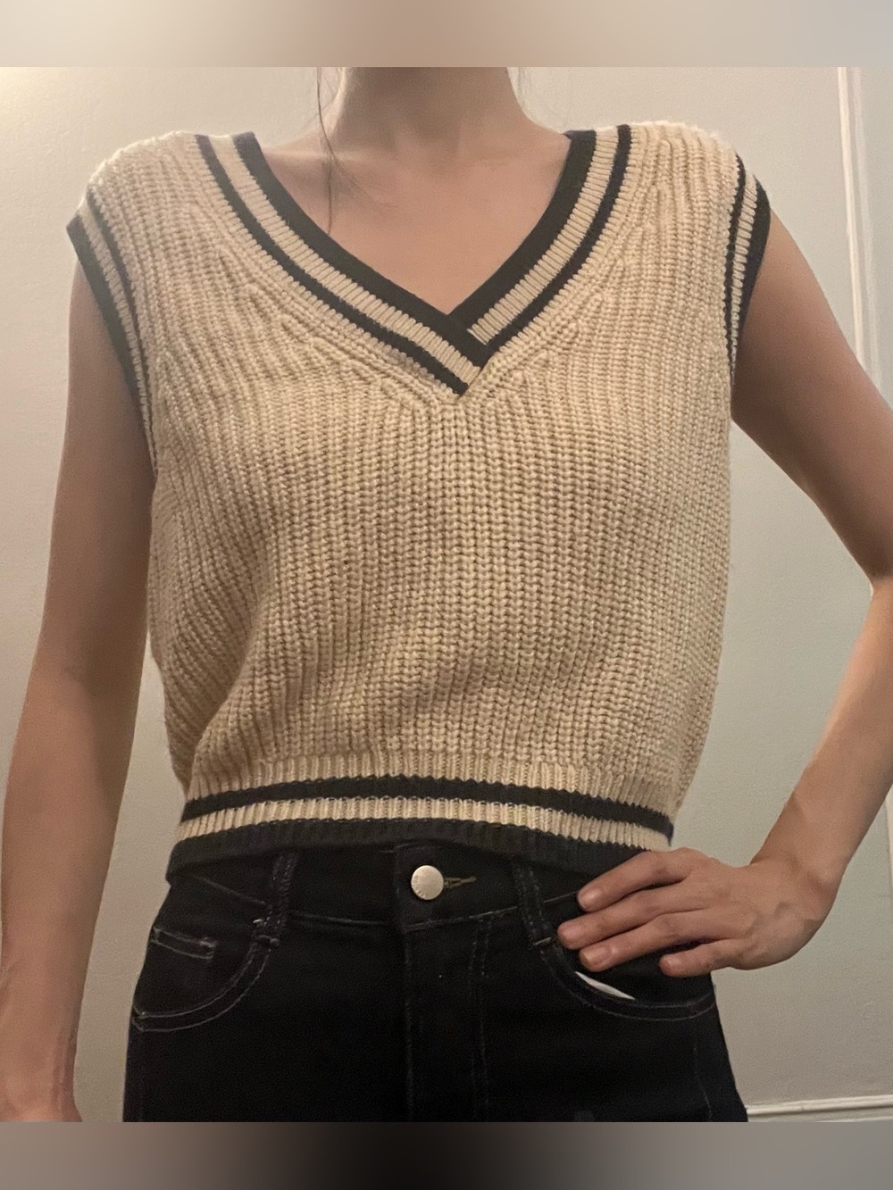 Divided Cream Sleeveless V-Neck Sweater Vest with Black Trim